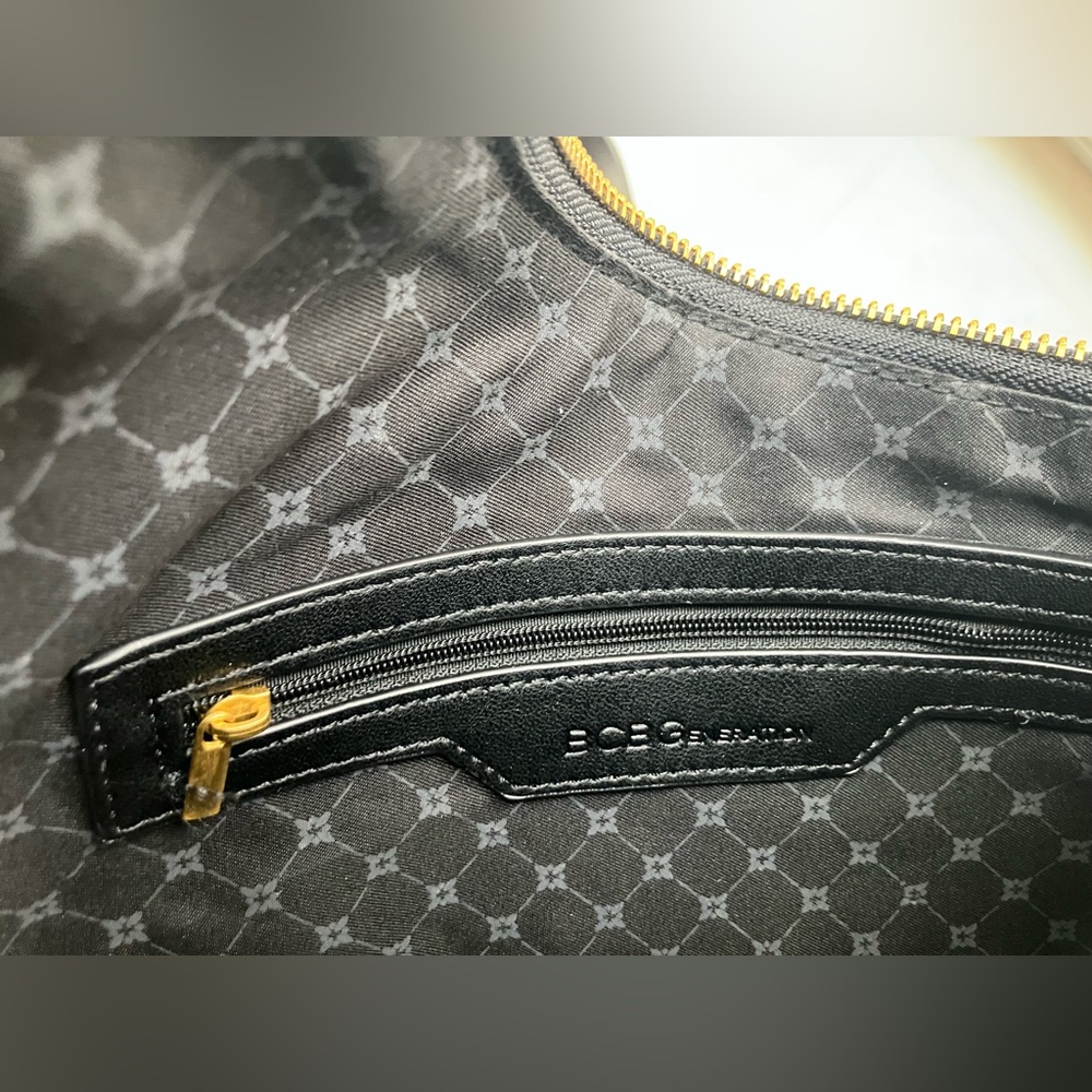 BCBG Black Vegan Leather Crescent Bag with Gold Details Bag Asymmetrical Design - Picture 9 of 13